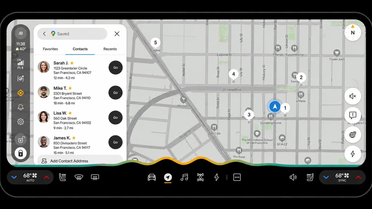 This is a render of what saved contact addresses could look like on Rivian's navigation system